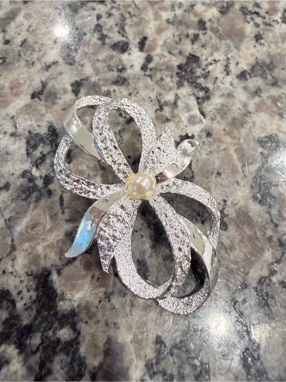 Gerry’s Silver Faux Pearl-Accent Floral Ribbon Brooch